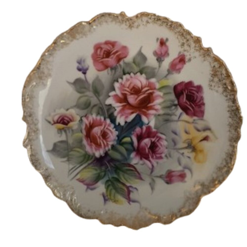 Vintage Hand Painted Floral Collectible Plate Red/Yellows/Gold -  8" Diameter